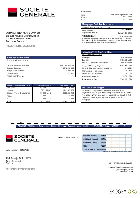 Serbie Relevé d'hypothèque bancaire de la Société Générale aux formats Word et PDF
